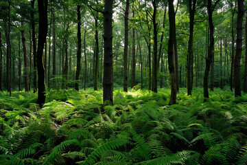 Obraz premium A lush green forest with a lot of trees and plants