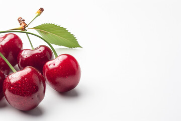 A bunch of red cherries with a leaf on top