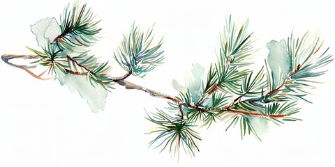 A watercolor painting of pine tree branch with green needles. The painting has a serene and calming mood, with the blue and green colors blending together to create a peaceful atmosphere