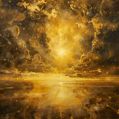 Fototapeta premium A painting of a yellow sun shining on a calm ocean with a reflection of the sun