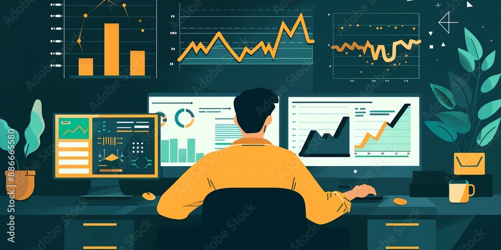 Poster a man is sitting at a desk with two computer monitors and a potted plant in the background. he is wo