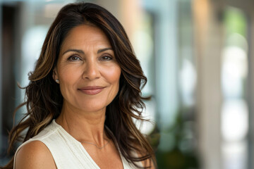 A woman with long brown hair and a big smile