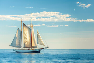 Fototapeta premium A large sailboat is sailing in the ocean on a sunny day