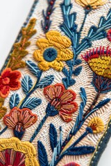 Fototapeta premium Handmade Floral Embroidered Bookmark with Colorful Flower Design on Neutral Background