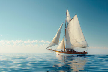 A sailboat is sailing on the ocean with a clear blue sky in the background