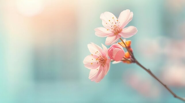 Soft pink cherry blossoms bloom against a delicate blue background.