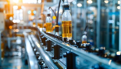 Naklejka premium Bottles of Liquid on a Conveyor Belt in a Factory