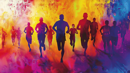 A group of runners are running in a colorful background
