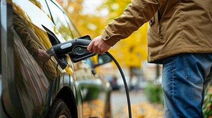 A man is charging his electric car