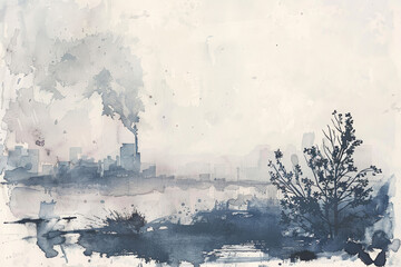 A painting of a city with a tree in the foreground