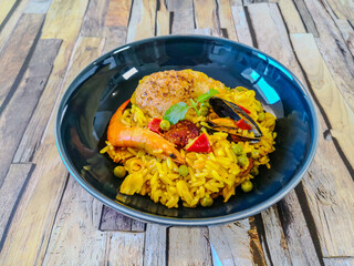 Prawn with rice - close up of prawn with rice - traditional Spanish food paella