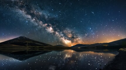 Naklejka premium Romantic Starry Night Landscape: Ocean and Mountain Hills Reflection - Ideal for Couples' First Kiss