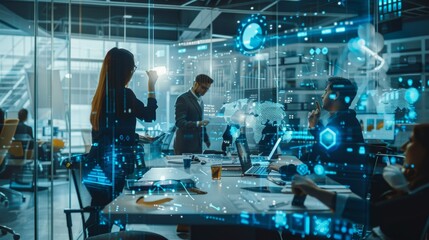 Collaborative Workspace of IT Professionals Discussing Data Solutions in a Modern High-Tech Environment