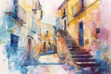 A painting of a narrow alleyway with a staircase leading up to a building