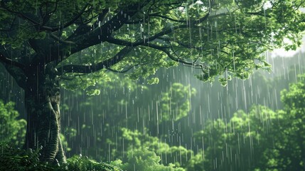 Obraz premium Detailed anime tree with rain falling, surrounded by a misty, green forest, evoking a peaceful, rainy day.