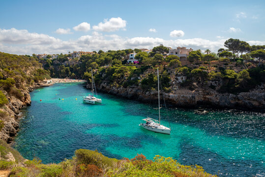 Aerial view of boats moored in a bay, Cala Pi, Llucmajor, Majorca, Balearic Islands, Spain