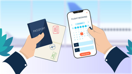Airport Scene: Perspective Design with Hands Holding Mobile and Documents 