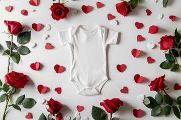 Valentine's Day themed white cotton baby bodysuit with red roses and paper hearts on a white background, February pregnancy announcement mockup template, Generative AI	