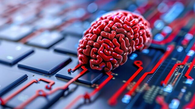Futuristic concept of artificial intelligence with a brain on a keyboard representing technology and innovation in computing.