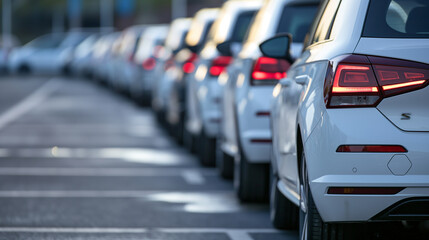 a row of  cars parked in an open parking lot. Car showroom and dealer agent concept