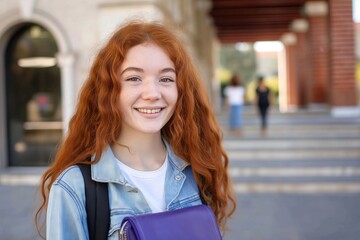 A girl with red hair is smiling and holding a purple purse. She is standing in front of a building with a staircase