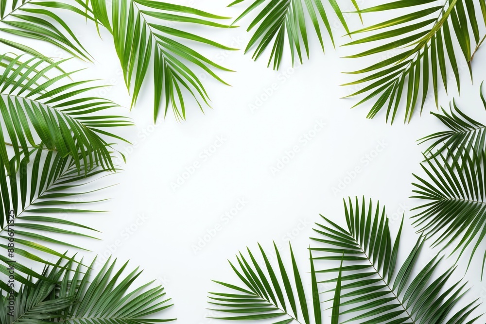 Poster Palm trees arranged in circular pattern on white background. Lush green leaves create sense of depth and dimension. Tropical scenery with no text or objects, no actions taking place.