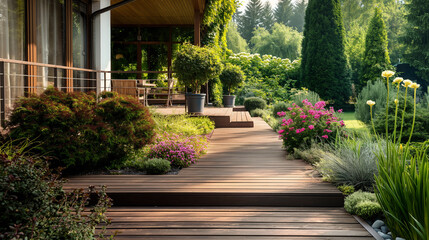 Obraz premium A cozy wooden terrace of a country house surrounded by greenery and flower beds.