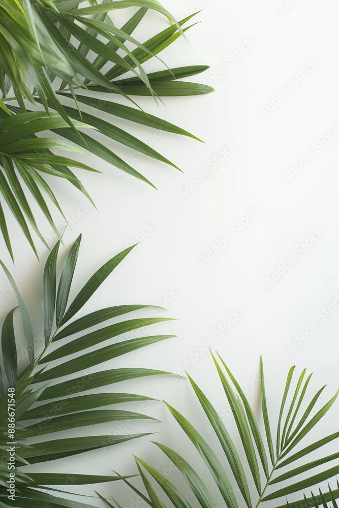 Poster Palm fronds arranged on light gray background. Green leaves overlap creating depth and dimension. Perfect for eco interior design, wellness center, spa, or nature inspired art.