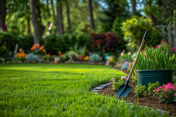 gardening tools on a green lawn with flower beds
