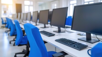Empty computer lab with rows of monitors, keyboards, and blue chairs, ready for use in a modern educational or workplace environment.