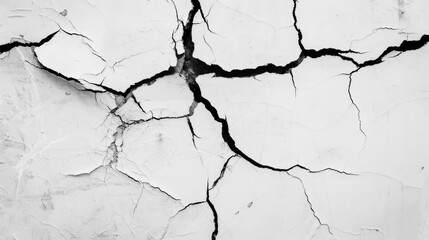 Detailed view of a white wall with sharp black crack lines, stark contrast