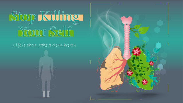 Human Health Concept: Man Figure with Dual Lungs, Green Lungs with Flowers vs. Yellow Lungs Depicting Low Health Due to Smoking