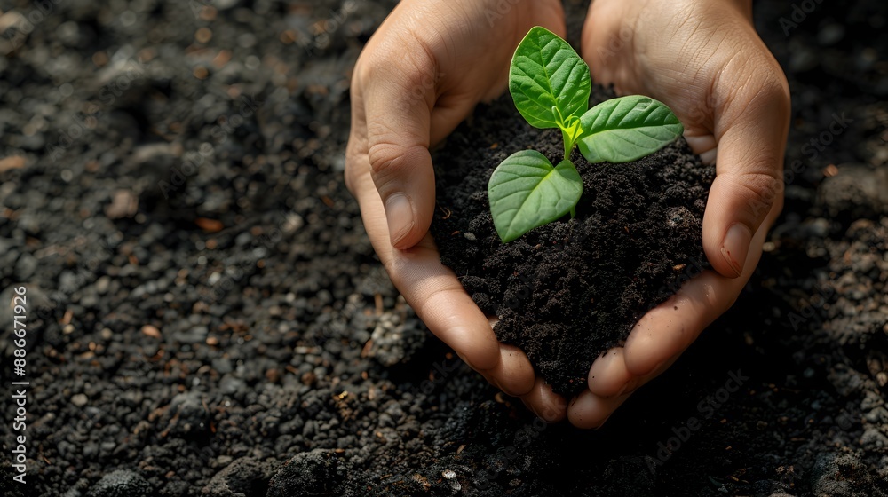 Poster Hands Nurturing Young Seedling in Fertile Soil Symbolizing Growth and Sustainability