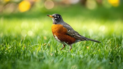 American robin searching for food in short grass on warm spring day