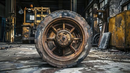 Ancient forklift truck wheel after extensive use