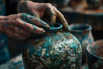 Potter's Hands Applying Glaze to Ceramic Pieces - Intricate Craftsmanship for Designs and Decoration