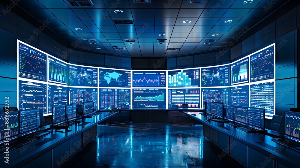 Poster high tech data control room with real time cloud computing analytics displays
