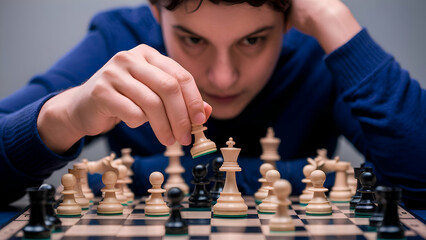 person deeply focused on playing chess surrounding by the classic black and white chess pieces on the board capture the concentration and strategic thinking involved in the game