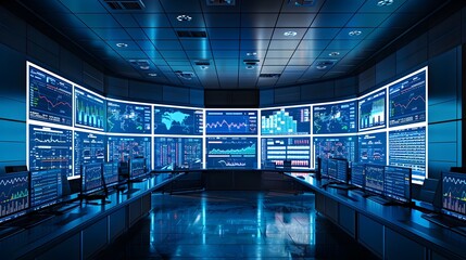 High Tech Data Control Room with Real Time Cloud Computing Analytics Displays