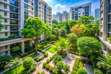 Serene urban oasis: Lush greenery and tall trees surround a tranquil courtyard, viewed from a top apartment window on a sunny day.