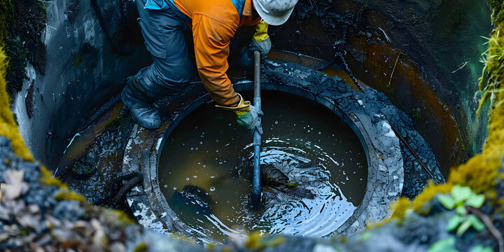 Man cleaning septic tank for sewage removal service. Concept Septic tank cleaning, Sewage removal, Septic system maintenance, Waste disposal, Drain cleaning,
