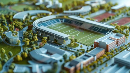 Obraz premium Generate a photo realistic image of a maquette illustrating a sports complex with stadiums, training facilities, and spectator amenities; ensure the image is of high resolution for clear.