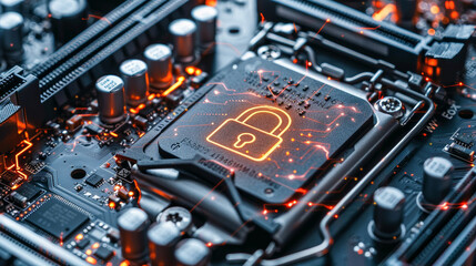 A computer chip with a lock symbol on it