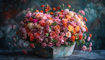 Beautiful bouquet in heart-shaped box. 