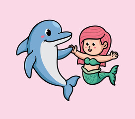Naklejka premium cute mermaid having fun with dolphins