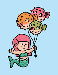 cute mermaid holding balloons illustration