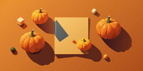 A collection of small pumpkins in various colors, surrounded by fall leaves, berries, and nuts on a light blue background. The arrangement captures the essence of autumn and harvest time