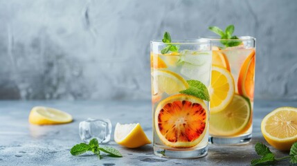 Fototapeta premium Citrus lemonade in glasses on gray background with space for text