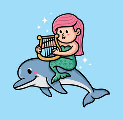 Cute mermaids play music on dolphins