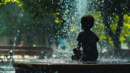 Obraz premium Lone Child Sitting in the Rain, Reflective and Serene Moment